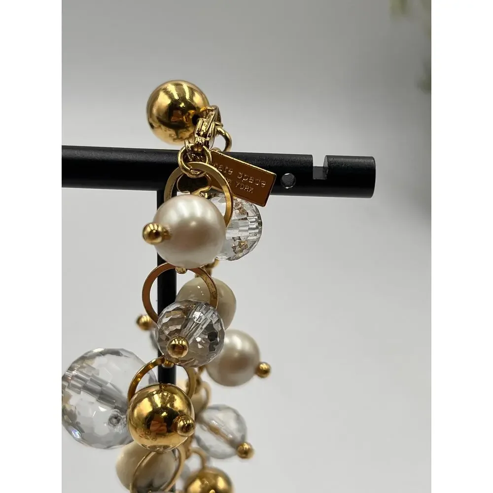 Kate Spade Signed‎ Gold Tone Pearl and Faceted Clear Beaded Cha Cha Bracelet - Picture 5 of 9